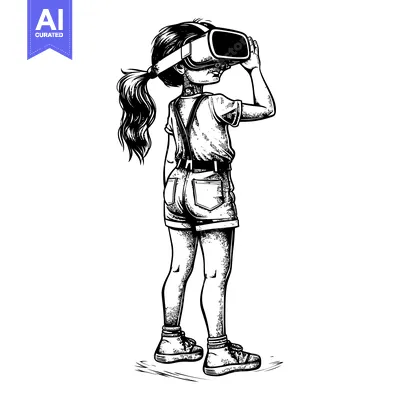 Aset desain premium: Young girl wearing VR headset and looking up