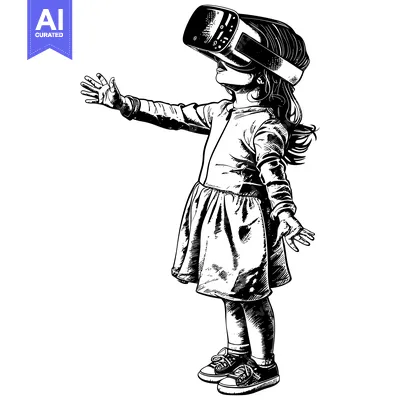 Aset desain premium: A Young Girl Wearing a VR Headset, Reaching Out With Her Hands