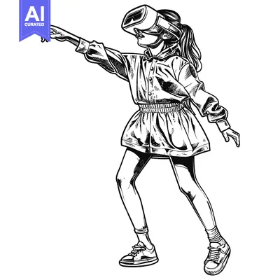 Premium design asset: A woman wearing a VR headset reaches out with her hand