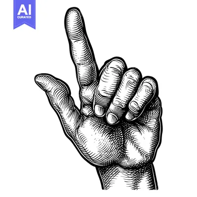 Aset premium populer: A Hand with One Finger Pointing Upwards in a Black and White Engraving