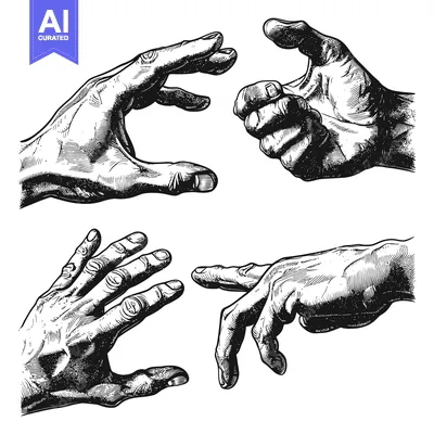Aset desain premium: Four Detailed Line Drawings of Human Hands in Various Poses