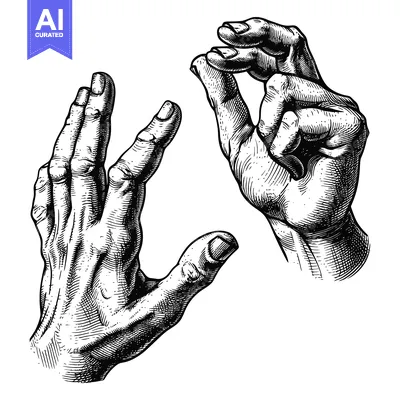 Aset desain premium: Two Detailed Black and White Drawings of Human Hands in Different Pose