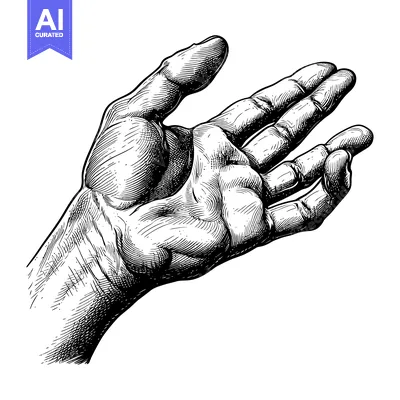 Aset desain premium: Detailed Line Drawing of an Open Hand Reaching Outward