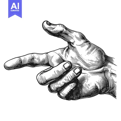 Aset desain premium: Hand with Index Finger Pointed Outward in Black and White Line Art