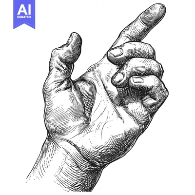 Aset desain premium: Detailed Black and White Line Drawing of an Outstretched Hand Pointing