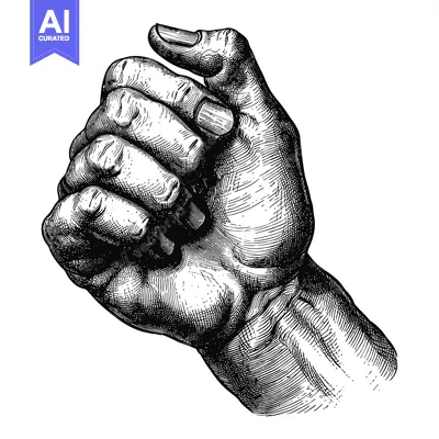 Aset desain premium: Black and White Engraving of a Hand with a Fist