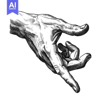 Premium design asset: A Detailed Black And White Engraving Of A Human Hand Pointing Downward