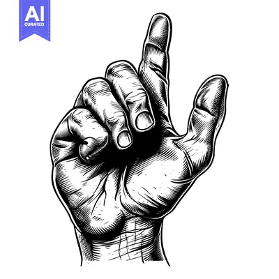 Aset desain premium: A Black and White Detailed Engraving of a Hand Pointing Upwards