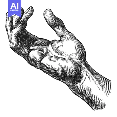 Premium design asset: Detailed Black and White Engraving of an Outstretched Hand