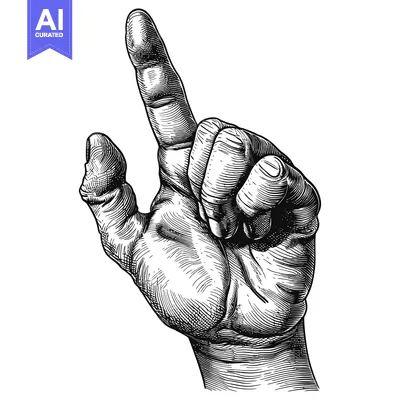 Aset desain premium: Black and white hand pointing upwards with detailed lines and shading