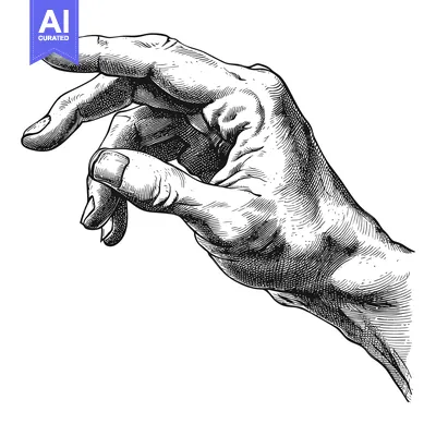 Aset desain premium: Detailed Black and White Engraving of a Human Hand Reaching Out