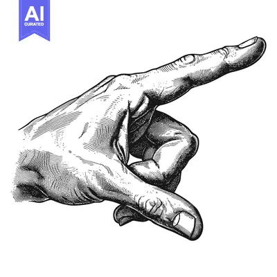 Premium design asset: A Detailed Black and White Line Drawing of a Hand Pointing to the Righ
