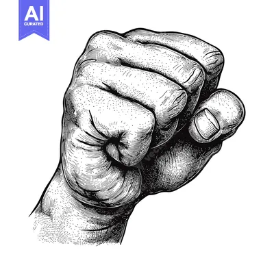 Aset premium populer: A Detailed Illustration of a Clenched Fist in Black and White