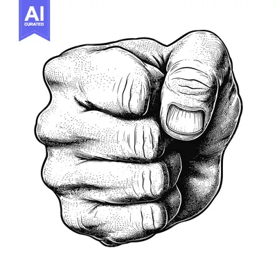 Aset desain premium: Black and White Engraved Illustration of a Hand Clenched into a Fist w