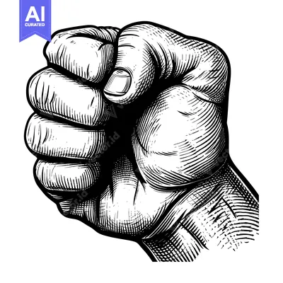 Aset desain premium: A Detailed Black and White Engraving of a Clenched Fist