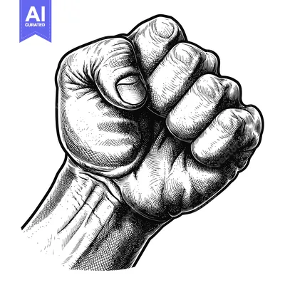 Aset desain premium: Black and White Engraved Illustration of a Clenched Fist