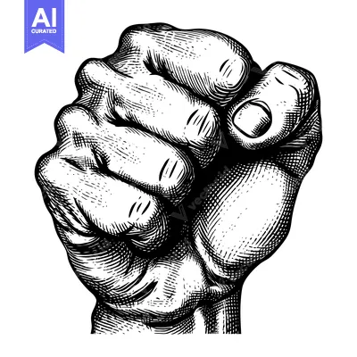 Aset desain premium: Black and White Engraved Illustration of a Clenched Fist