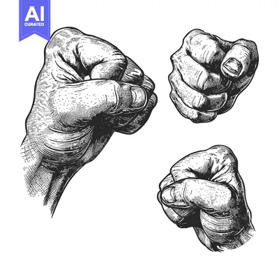 Hand Drawn Illustration of Three Fists in Different Positions