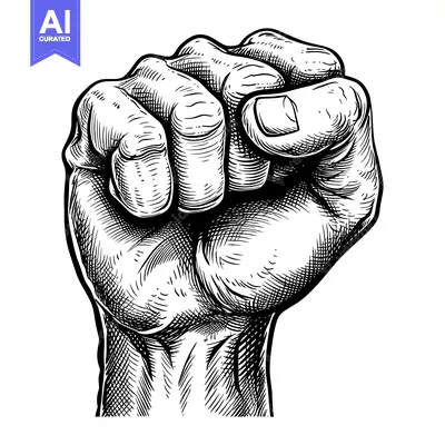 Premium design asset: Detailed Line Drawing of a Clenched Fist Raised in the Air