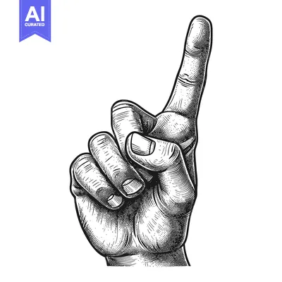 Aset desain premium: A Hand with One Finger Pointing Upwards, Drawn in Black and White