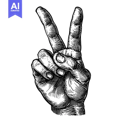 Premium design asset: Hand Gesture of Peace Sign, Black and White Sketch