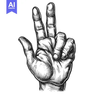 Aset desain premium: Hand Gesture with Two Fingers Extended, Detailed Black Ink Illustratio