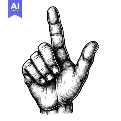 Aset desain premium: Hand with Index Finger Pointing Upwards in Black and White Line Art
