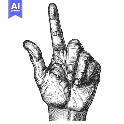 Premium design asset: Hand with Index Finger Pointing Upwards in a Black and White Engraving