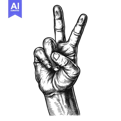 Aset premium populer: Hand Gesture of Peace Sign in Black and White Engraved Style