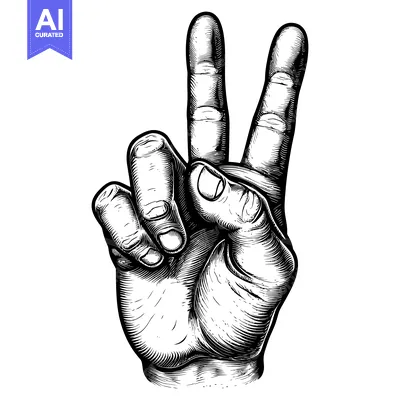 Aset desain premium: A Detailed Black and White Engraving of a Hand Showing the Peace Sign