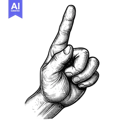 Aset premium populer: Hand with Index Finger Pointing Upward in Black and White Line Art