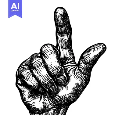 Premium design asset: Hand Gesture Pointing Upward in Black and White Engraving Style