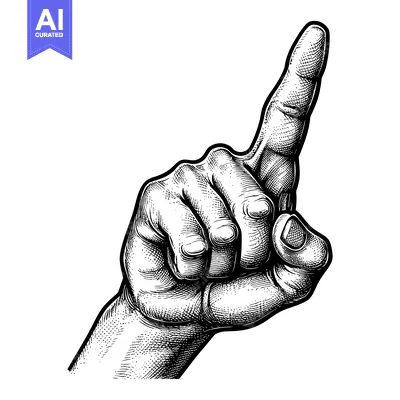 Aset desain premium: A Black and White Engraved Illustration of a Hand Pointing Upward