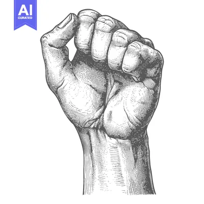 Hand Raised in a Tight Fist, Detailed Black and White Illustration