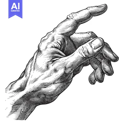 Aset desain premium: A detailed woodcut illustration of a human hand pointing with an exten