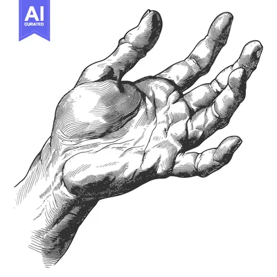 Aset desain premium: A Detailed Black and White Engraving of a Human Hand Reaching Out