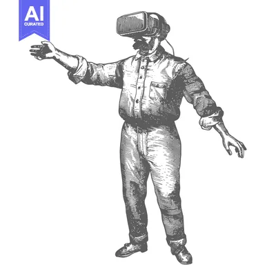 Hand-drawn illustration of a man wearing a VR headset and looking arou