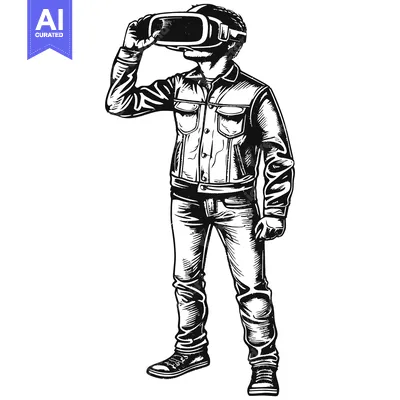 A man wearing a VR headset, denim jacket, and jeans