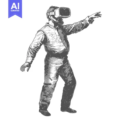 Aset desain premium: A bearded man in a VR headset reaching out with his hand.