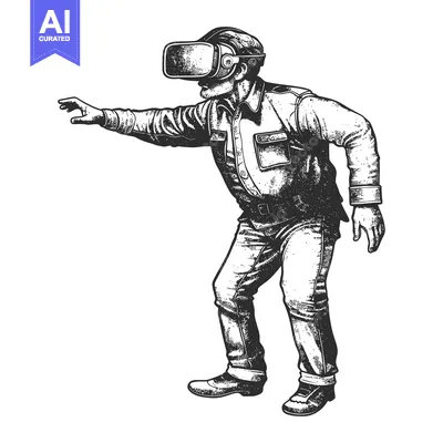 Aset premium populer: A Man Wearing Virtual Reality Headset Reaches Out with His Hand