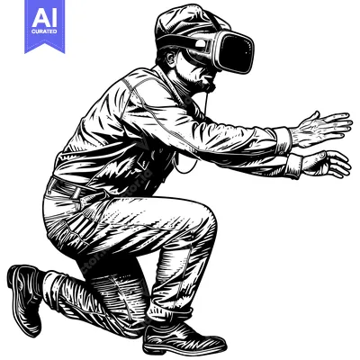 A man wearing a VR headset reaches out with both hands