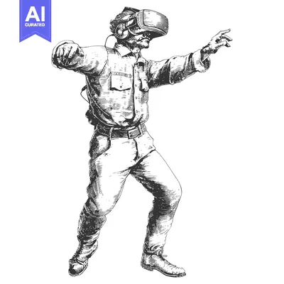 Aset premium populer: Hand-Drawn Illustration of a Man Wearing a VR Headset and Gesturing wi