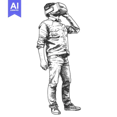 Aset desain premium: A Man Wearing Virtual Reality Headset, Sketch
