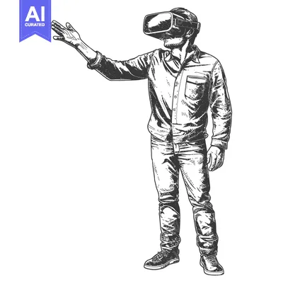 Aset desain premium: Hand-drawn sketch of a man wearing VR goggles and reaching out with hi