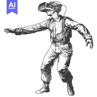 Aset desain premium: A Man Wearing Virtual Reality Headset with Suspenders