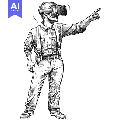 Aset desain premium: Hand-Drawn Illustration of a Man Wearing a VR Headset and Pointing wit