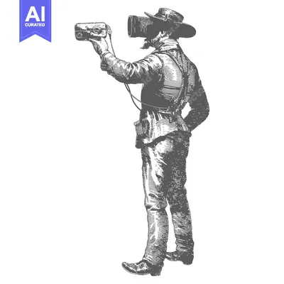 Aset desain premium: A man wearing a wide-brimmed hat and goggles holding a large vintage c