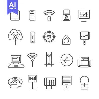 Aset desain premium: Collection of Line Icons Depicting Technology, Data, and Communication