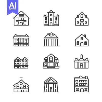 Aset desain premium: Set of 12 Line Icons of Different Types of Buildings