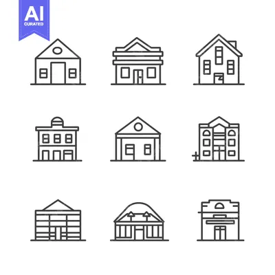 Aset desain premium: Nine Simple Line Drawings of Different Building Facades